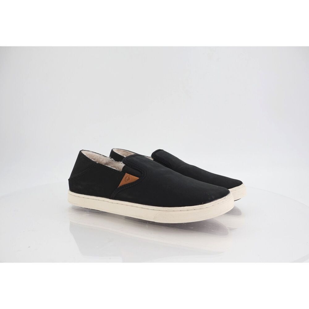 OluKai Womens Pehuea Heu Slip On Shoe 6 Black Leather Sherpa Shearling Loafer